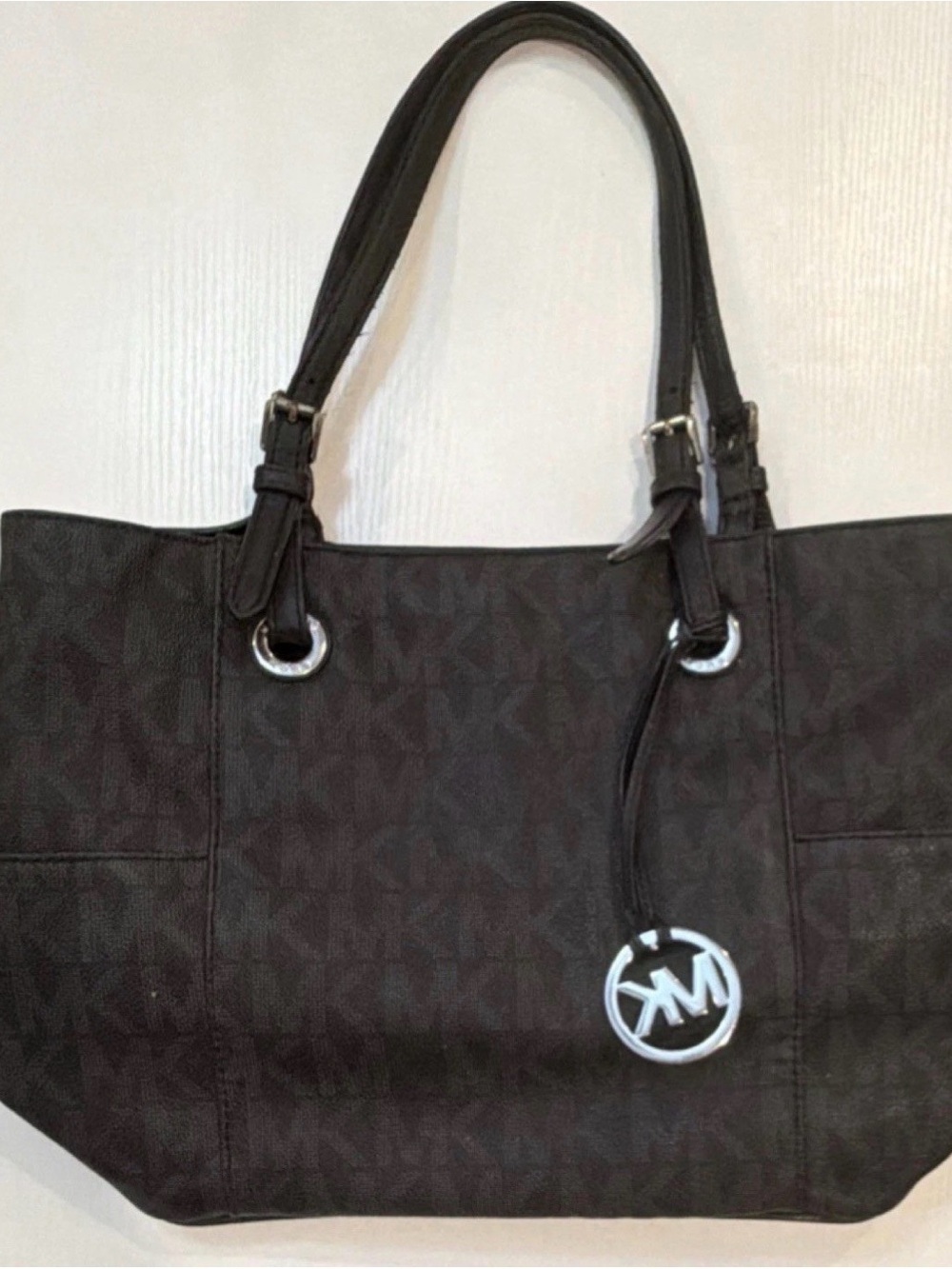 Michael Kors Black MK Logo Tote with Silver Charm